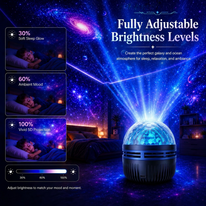 Projecteur diffusant un ciel étoilé violet, avec trois vignettes d'un enfant endormi illustrant les réglages de luminosité à 30, 60 et 100 %. 11