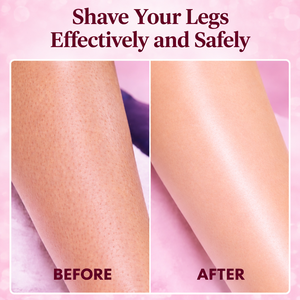 Comparaison avant et après sur une jambe: peau avec poils et petits points à gauche, peau lisse et uniforme à droite. 5