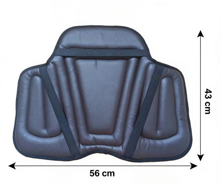 Face intérieure du coussin avec sangles élastiques noires et flèches indiquant les dimensions 12