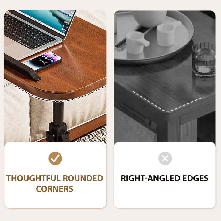 Comparaison en gros plan entre le plateau aux angles arrondis et une table classique à angles droits. 8
