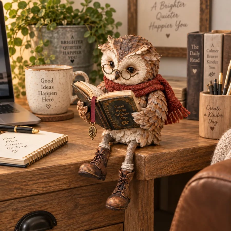 Chouette lectrice posée sur le coin d'un bureau en bois, entre une tasse, un carnet et un pot à crayons. 2