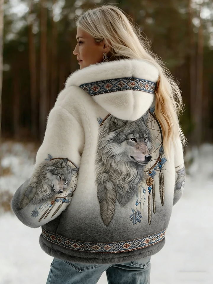 Vue de dos portée dans la neige : loup et attrape-rêves, dégradé blanc vers gris 2