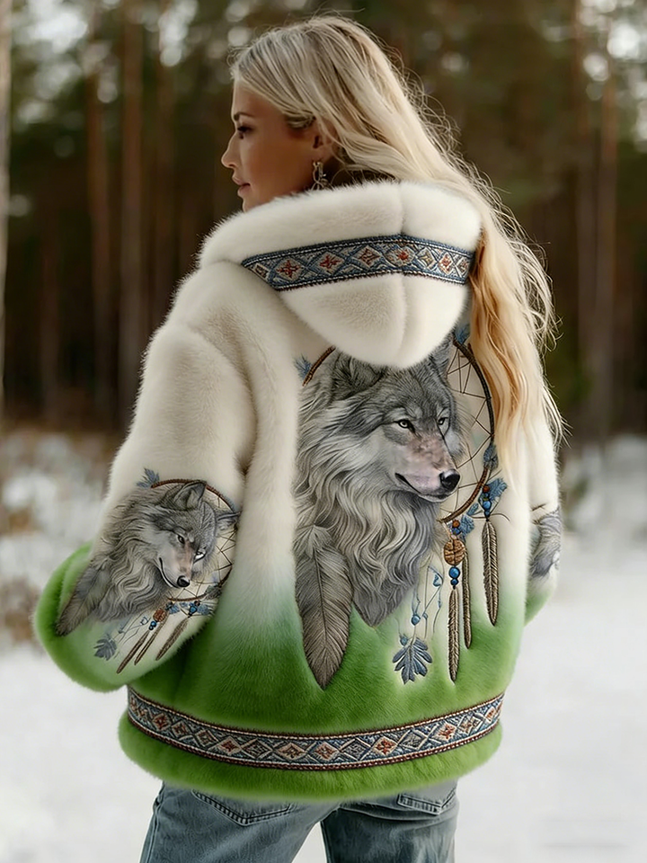 Vue de dos portée dans la neige : loup et attrape-rêves, dégradé blanc vers vert 5