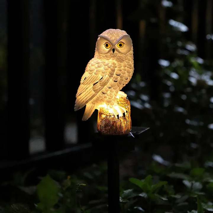 Gros plan sur le hibou blanc aux yeux jaunes, allumé la nuit, la souche diffusant une lueur chaude devant un fond sombre. 6