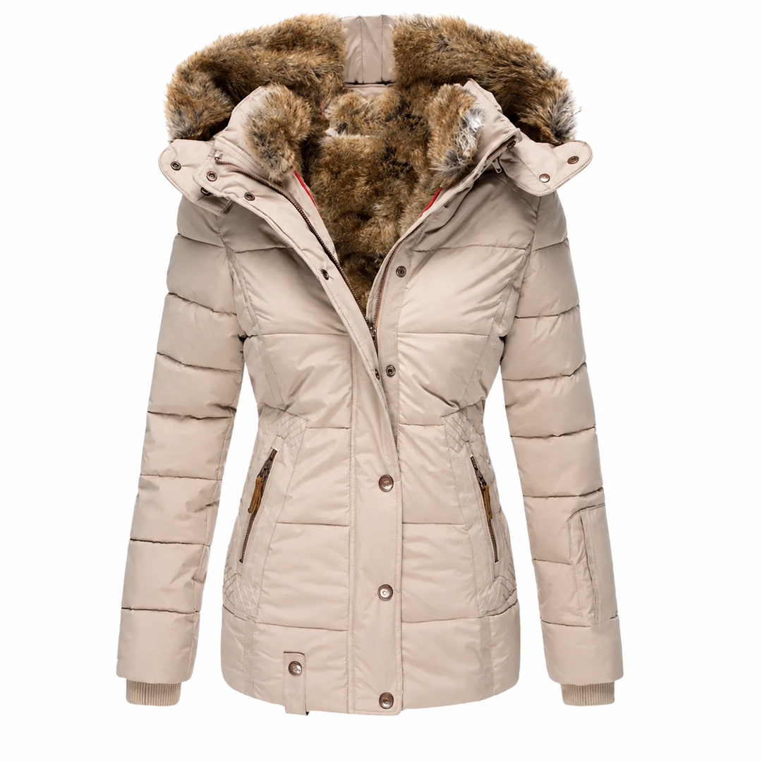 Parka matelassée beige ouverte sur fond blanc, doublure en fausse fourrure et poches zippées visibles 3