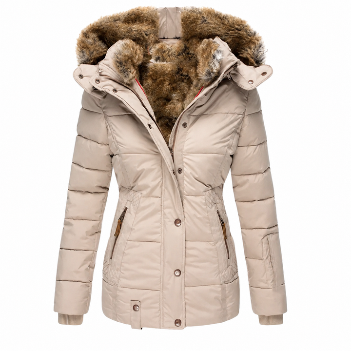 Parka matelassée beige ouverte sur fond blanc, doublure en fausse fourrure et poches zippées visibles 3