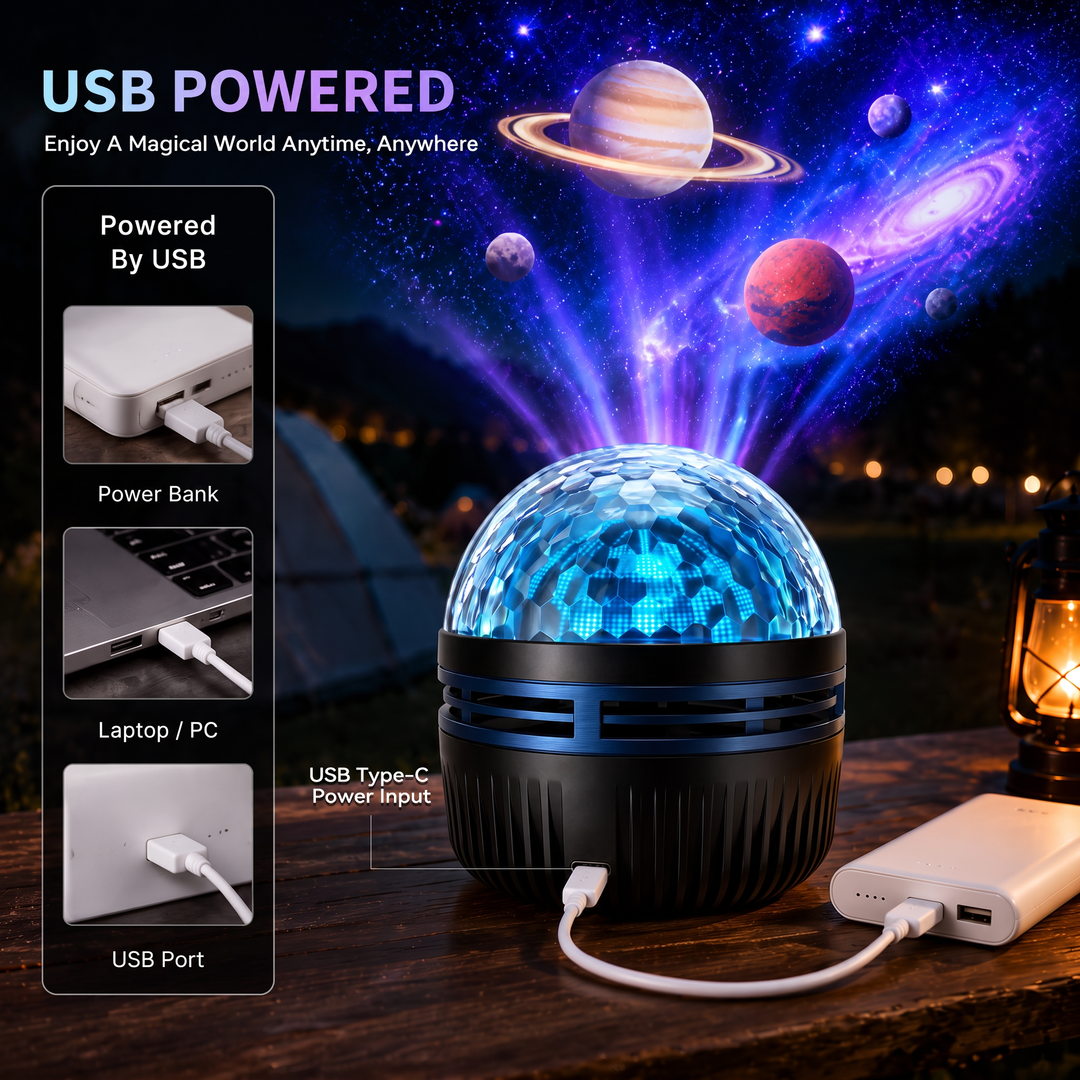 Projecteur en dôme facetté posé sur une table en bois, branché en USB-C à une batterie externe, avec planètes projetées au-dessus. 4