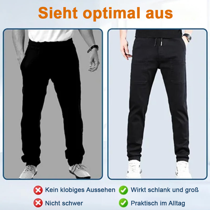 Comparaison de deux pantalons noirs portés, l'un large et l'autre ajusté avec grandes poches plaquées 18