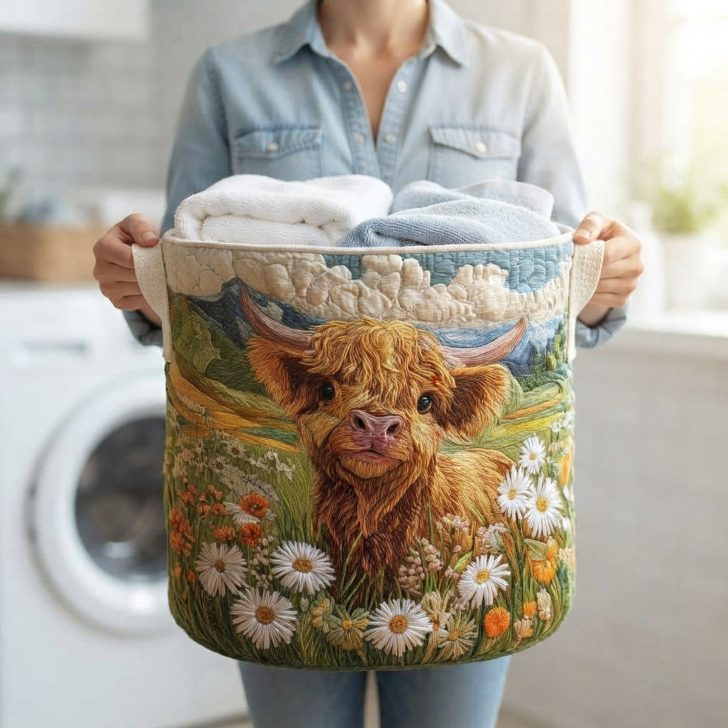 Personne portant le panier par ses deux anses, rempli de serviettes, devant un lave-linge, pour montrer sa taille et sa prise en main. 4
