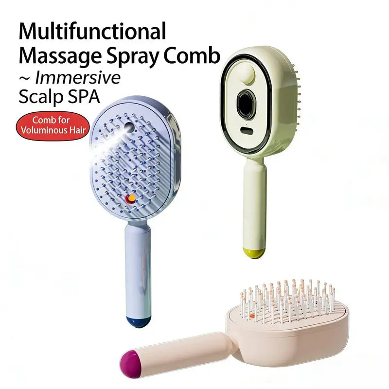 Trois brosses de coloris bleu, vert clair et rose présentées ensemble, dont l'une diffuse une brume depuis sa face à dents. 12