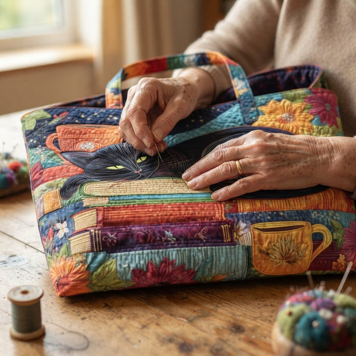 Mains d'une femme cousant à l'aiguille le sac matelassé sur une table en bois, avec bobine de fil et pelote d'épingles. 3