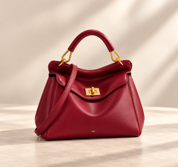 Sac rouge bordeaux en cuir lisse, rabat avec fermoir doré, bandoulière fine, sur fond beige 5