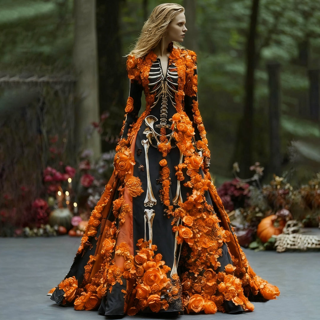 Femme en forêt portant la robe noire à motif de squelette, ornée de roses en relief orange, citrouilles en arrière-plan. 1