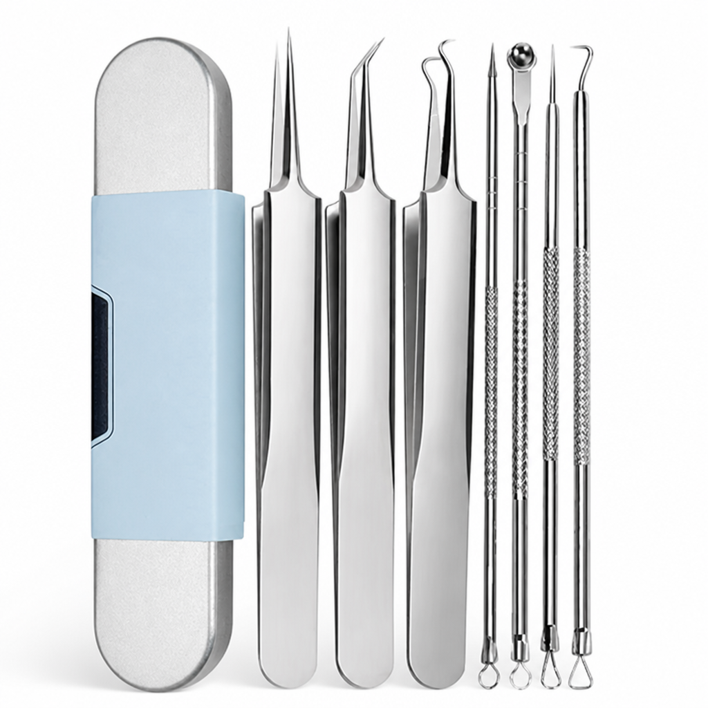 Kit complet sur fond blanc : étui métallique à manchon bleu, trois pinces effilées et quatre outils à boucle au manche quadrillé. 6