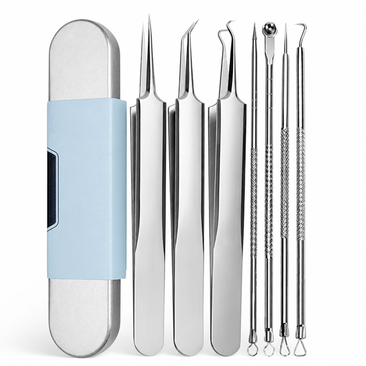 Kit complet sur fond blanc : étui métallique à manchon bleu, trois pinces effilées et quatre outils à boucle au manche quadrillé. 6