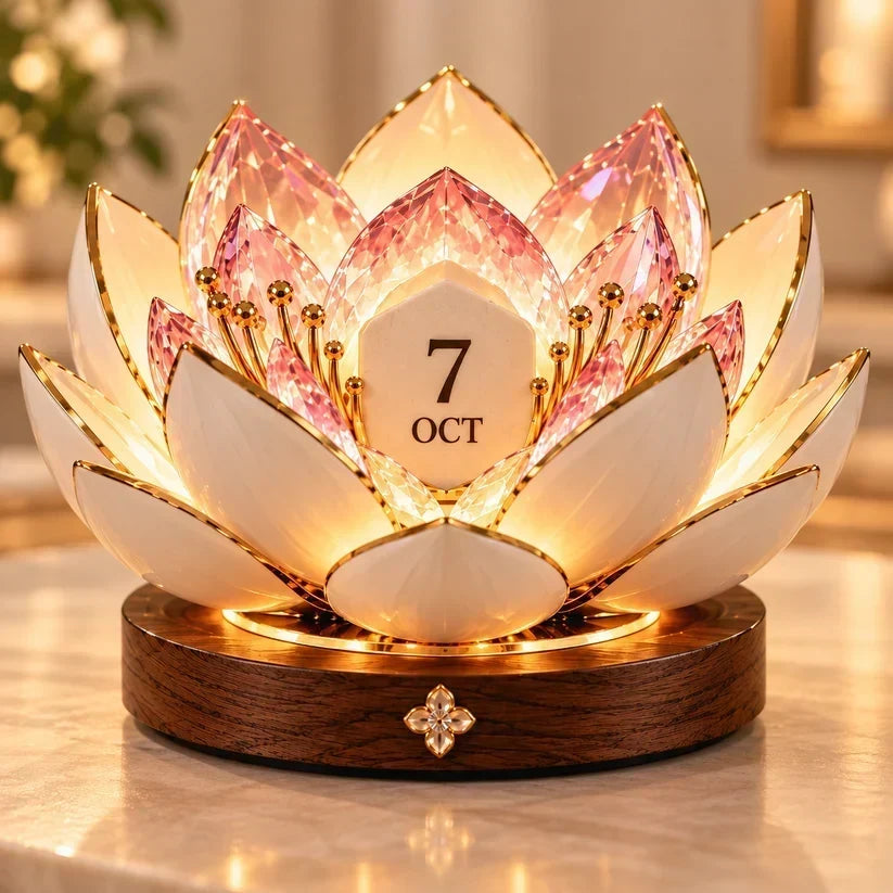 Fleur de lotus lumineuse aux pétales de cristal roses sur socle en bois, posée sur un marbre 1