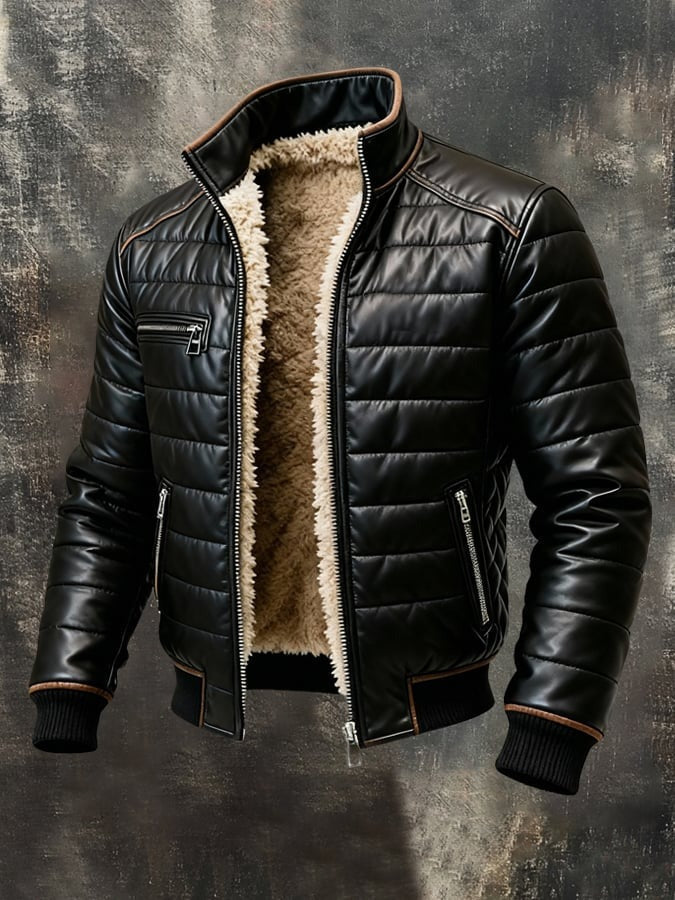 Veste noire matelassée vue de face, zip ouvert sur la doublure beige, poches zippées et col montant 1