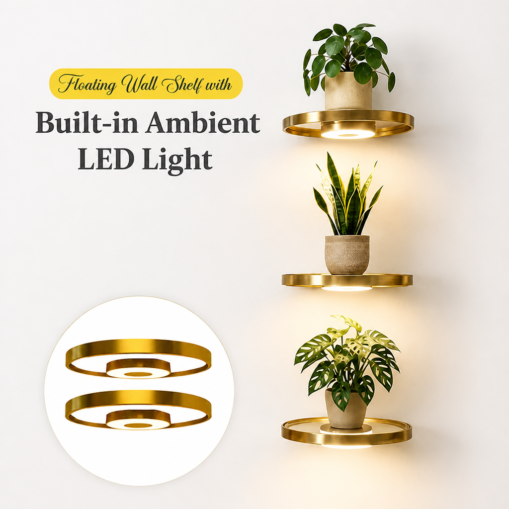 Trois étagères rondes dorées lumineuses avec plantes sur fond blanc, et vignette montrant deux étagères seules vues de dessus. 6