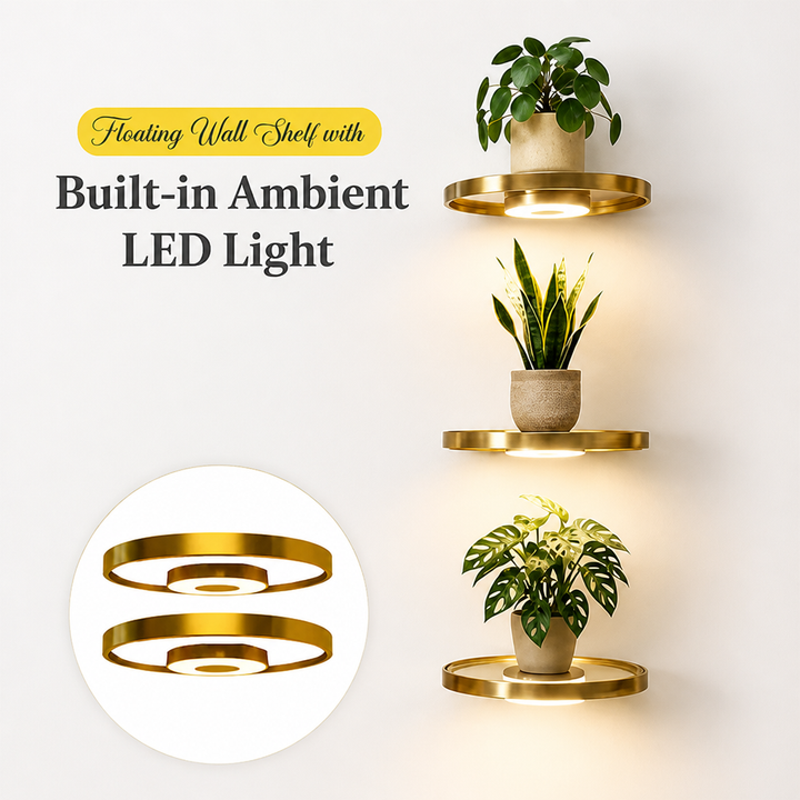 Trois étagères rondes dorées lumineuses avec plantes sur fond blanc, et vignette montrant deux étagères seules vues de dessus. 6