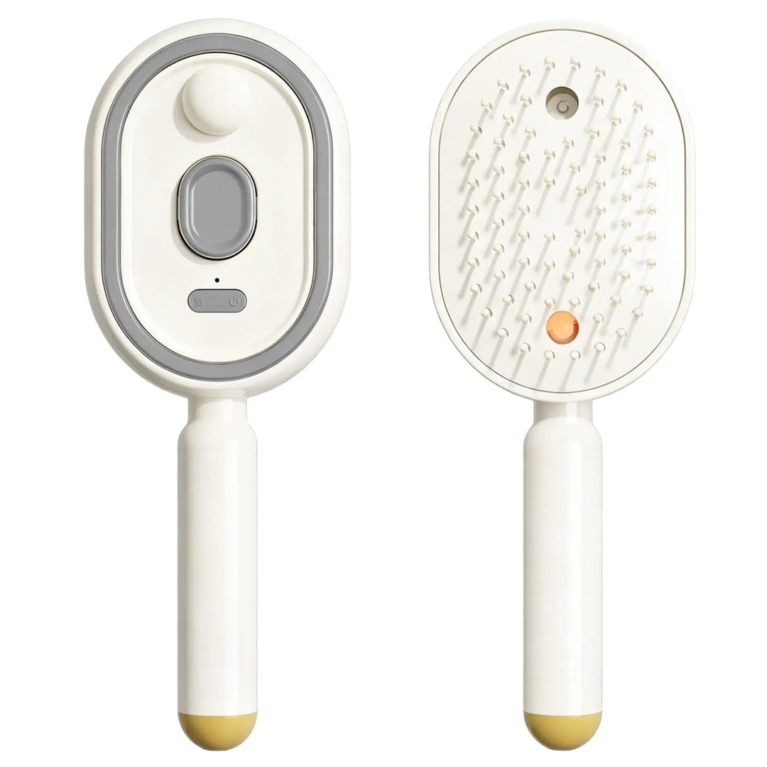 Brosse blanc crème à embout jaune, vue de face avec bouton et fenêtre grise, puis de dos avec ses dents et son voyant orange. 16