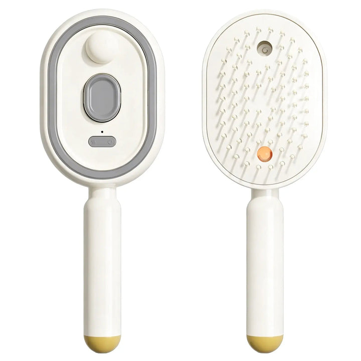 Brosse blanc crème à embout jaune, vue de face avec bouton et fenêtre grise, puis de dos avec ses dents et son voyant orange. 16