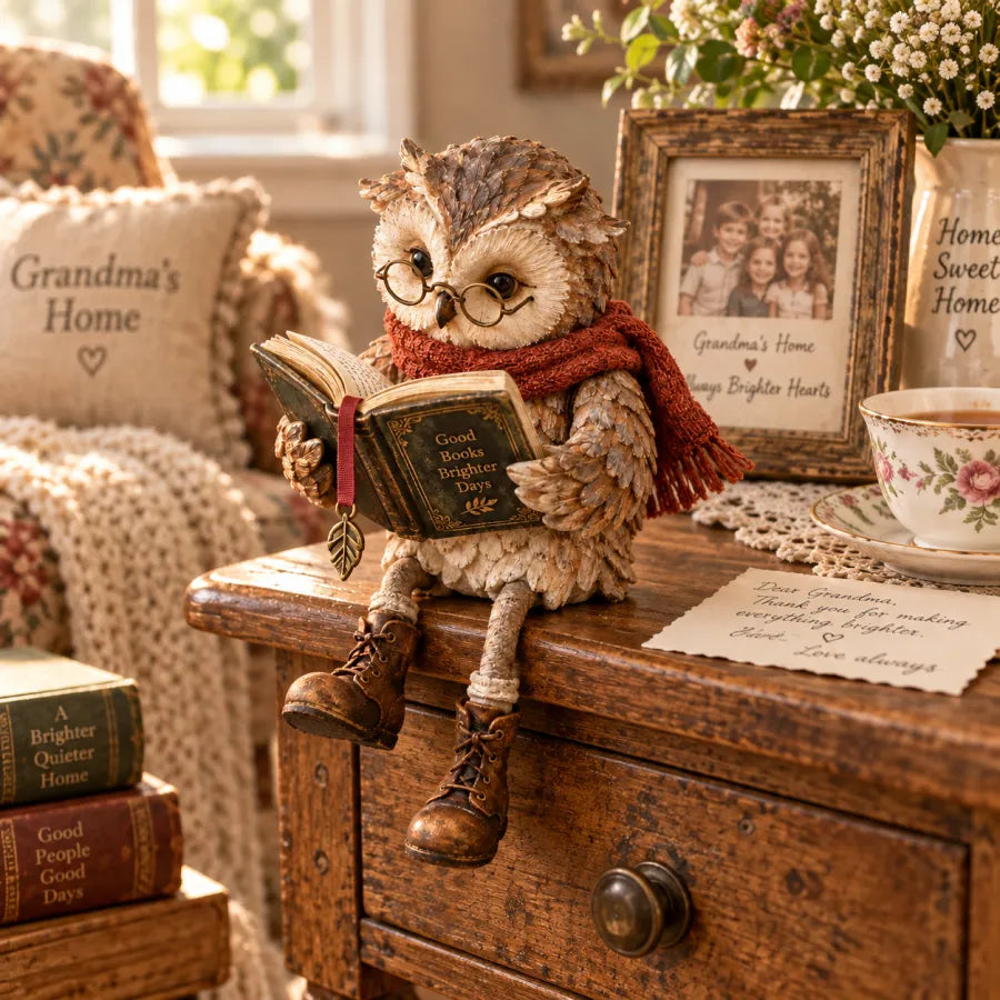 Chouette sur une commode ancienne, près d'un cadre photo de famille, d'une tasse en porcelaine fleurie et d'une lettre manuscrite. 8