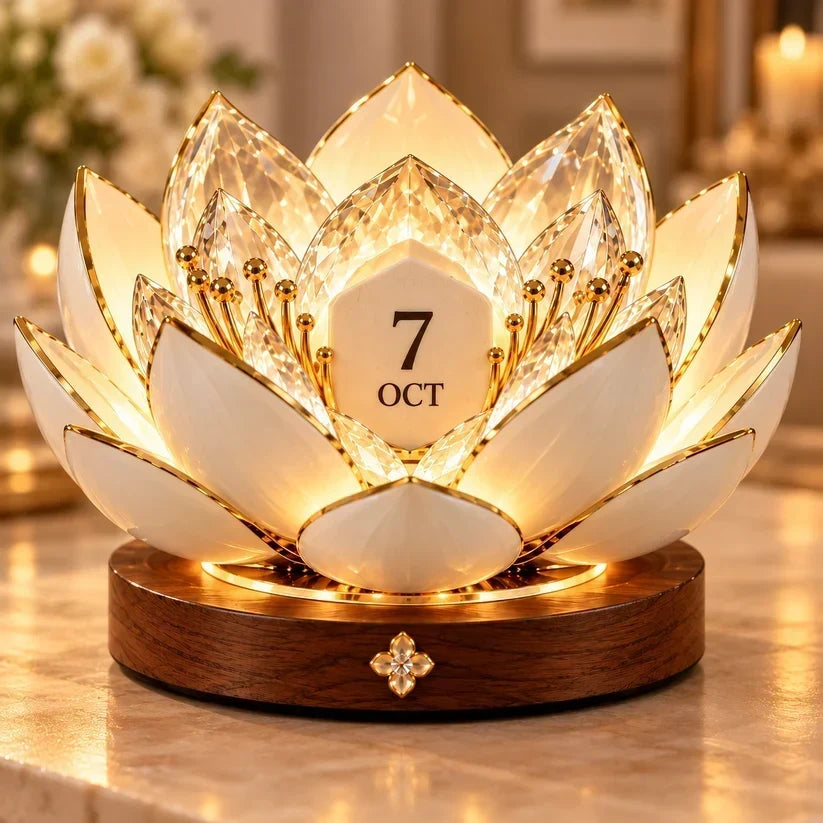 Version aux pétales de cristal transparents et pétales blancs bordés d'or, éclairée sur un socle en bois 2