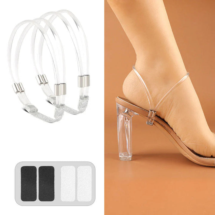 Deux sangles transparentes à embouts métalliques avec quatre pastilles adhésives, et la sangle discrète portée sur un talon haut transparent. 6