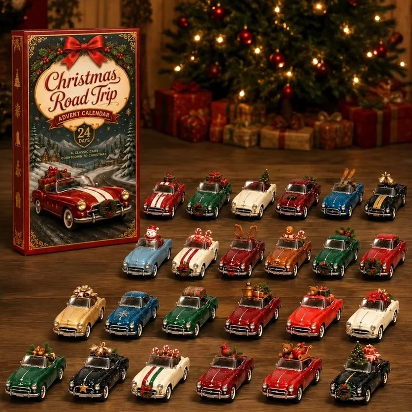 Calendrier de road trip de Noël devant un sapin illuminé, avec voitures décapotables miniatures ornées de cadeaux et de 16