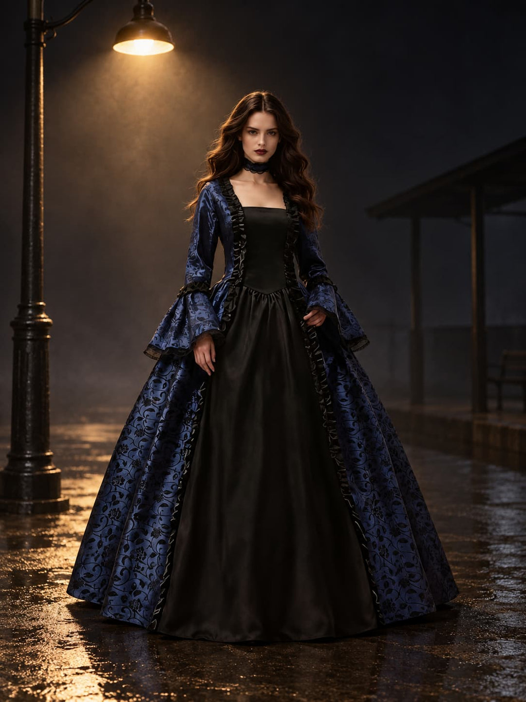 Femme en robe de bal bleu nuit et noire à volants, sous un lampadaire, dans une ambiance nocturne et brumeuse. 1