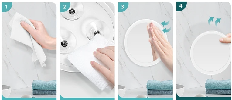 Quatre étapes de pose : nettoyer le mur et les ventouses, puis presser le miroir contre la surface 5