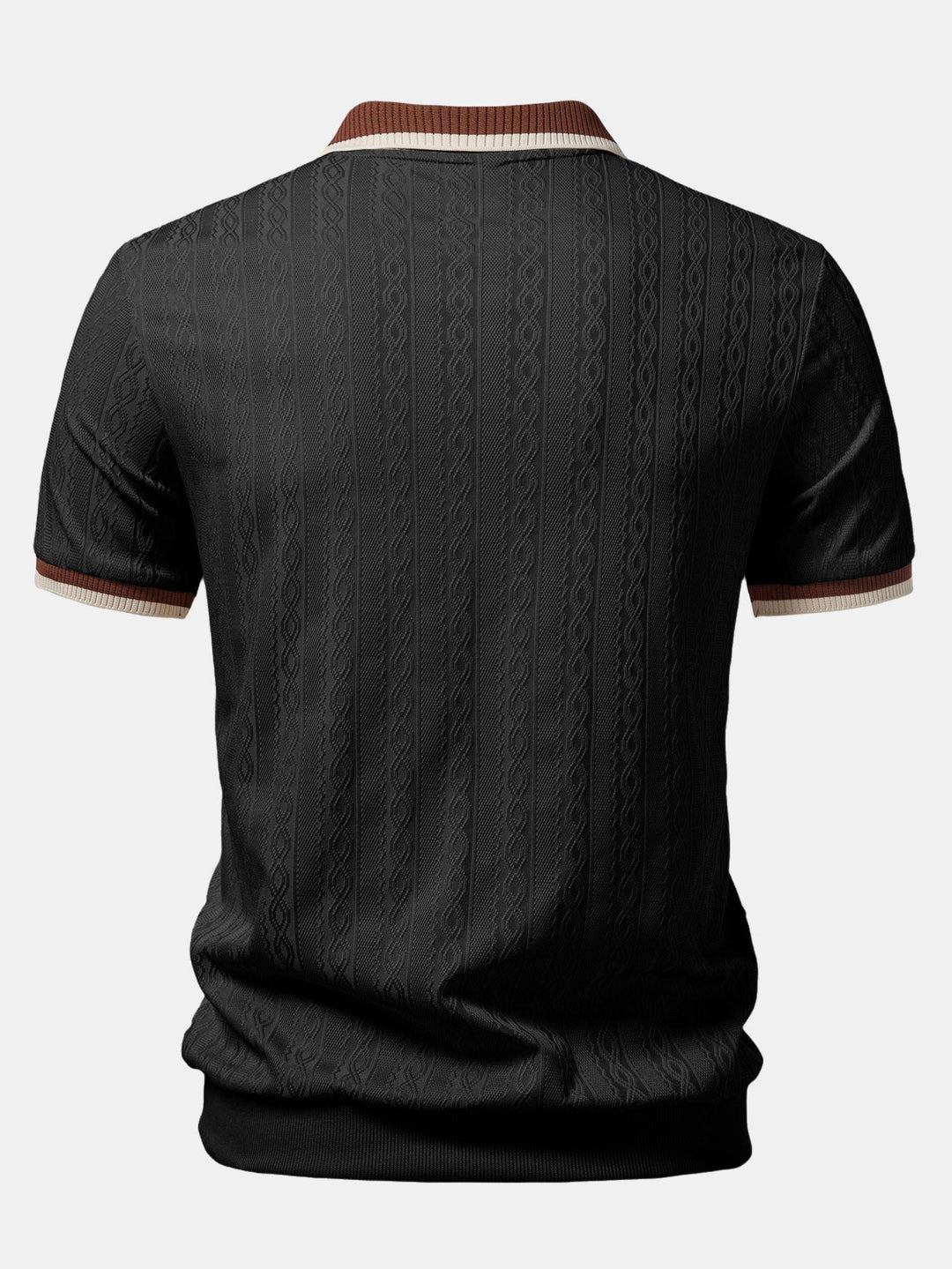 Vue de dos du polo noir, maille texturée à motif torsadé, col et manches bordés de brun 4