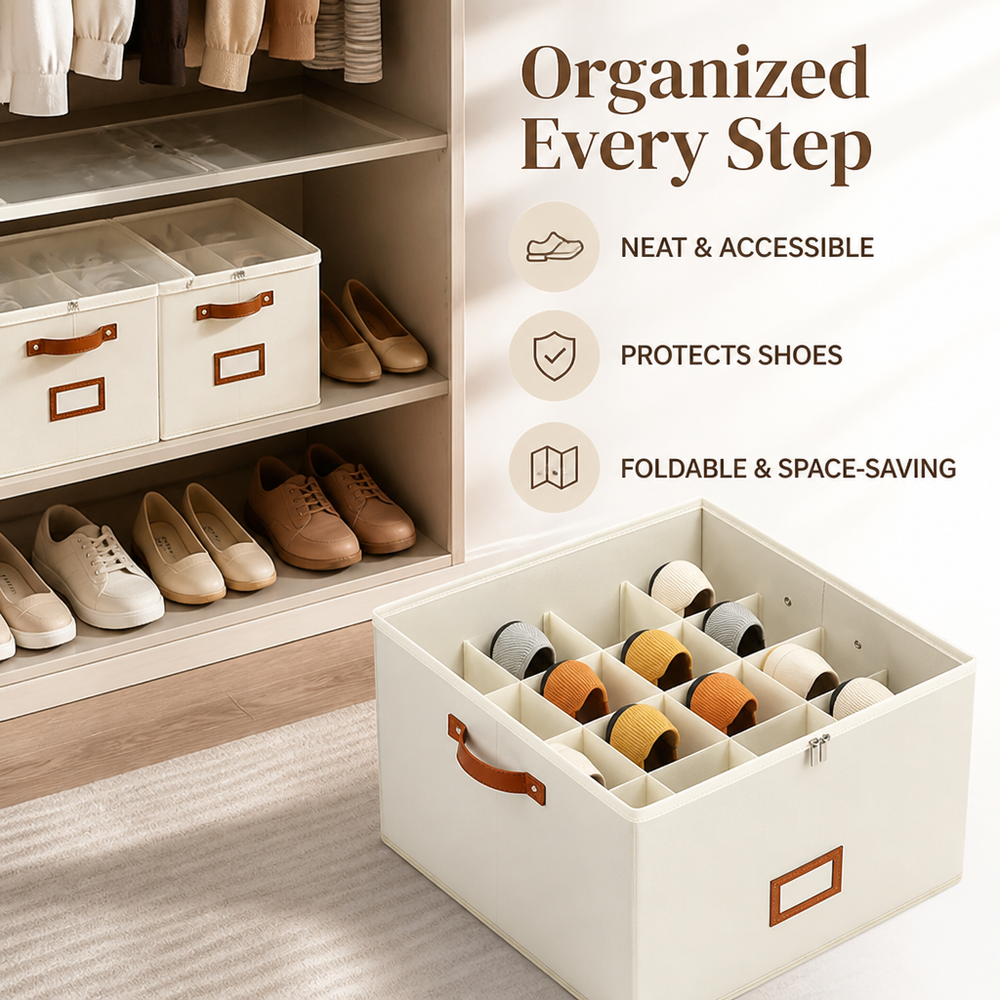 Boîte beige à compartiments au premier plan, avec des chaussures rangées sur les étagères d'une armoire derrière, vue d'ambiance. 2