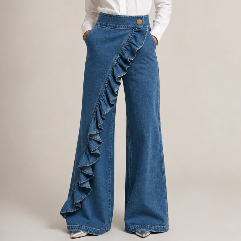 Vue de face en denim bleu moyen, portée avec chemise blanche et escarpins argentés, mains dans les poches, volant en diagonale. 1