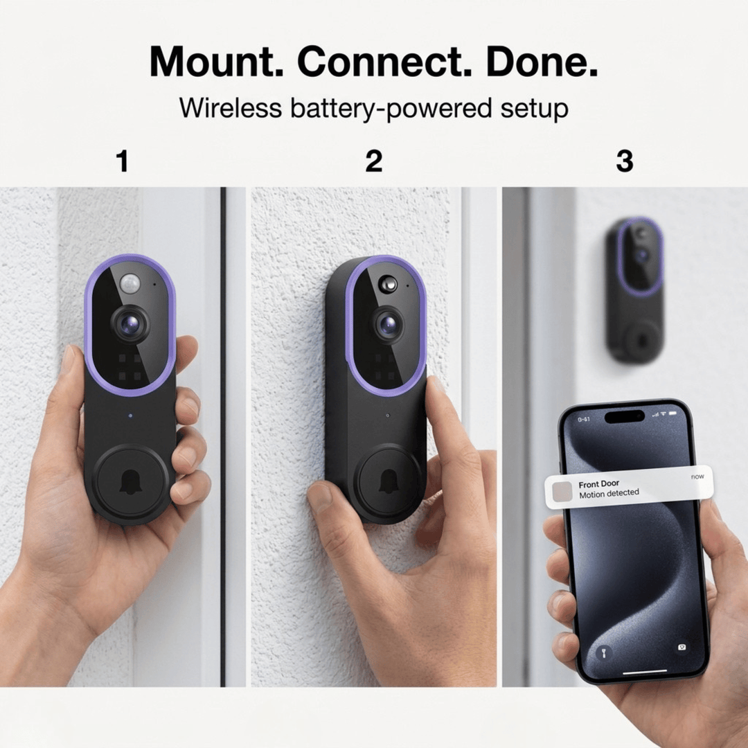 Trois étapes d'installation sans fil: pose de la sonnette au mur, fixation, puis notification reçue sur le téléphone 6