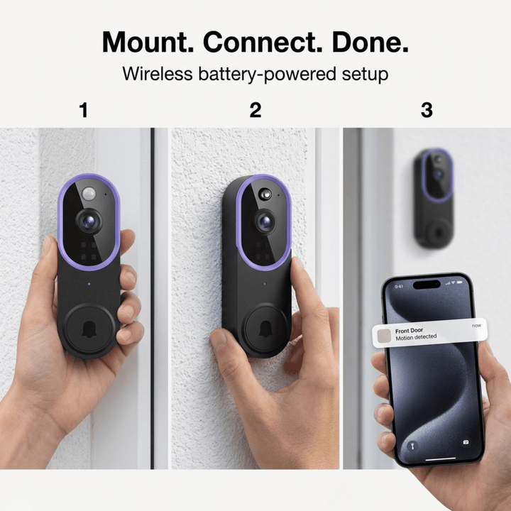 Trois étapes d'installation sans fil: pose de la sonnette au mur, fixation, puis notification reçue sur le téléphone 6