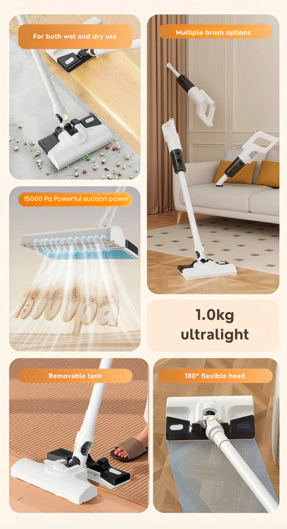 Montage de cinq vues : usage sec et humide, brosses variées, tête flexible à 180°, réservoir amovible et légèreté de l'appareil. 9