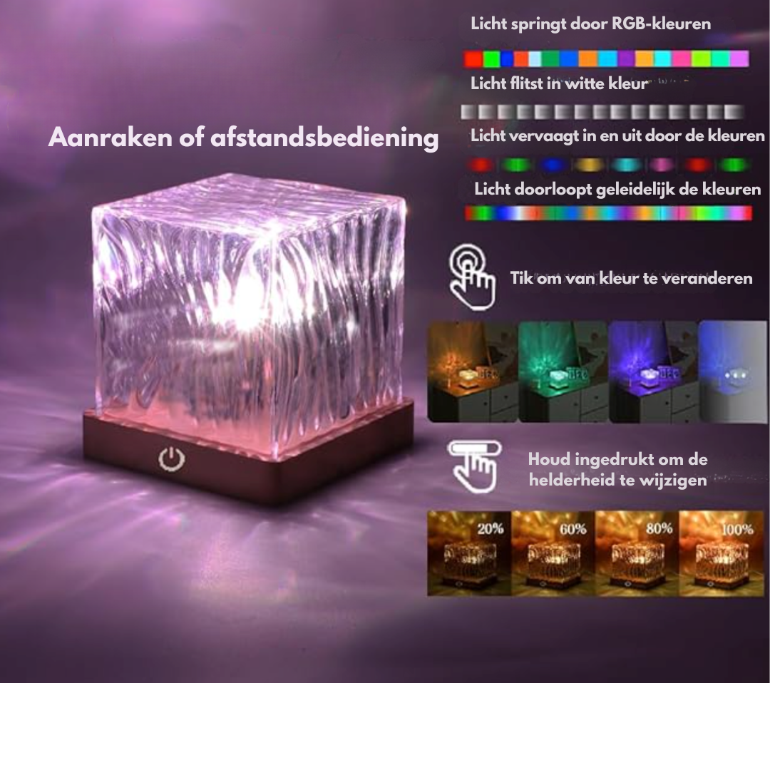 Lampe cube en gros plan sur fond violet, avec schémas des modes lumineux, du changement de couleur au toucher et des niveaux de luminosité. 5