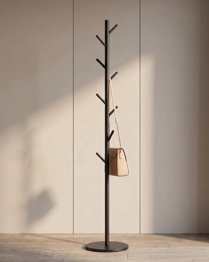 Version noire du portant, ici avec un sac à main beige accroché à l'un des crochets, devant un mur clair. 1