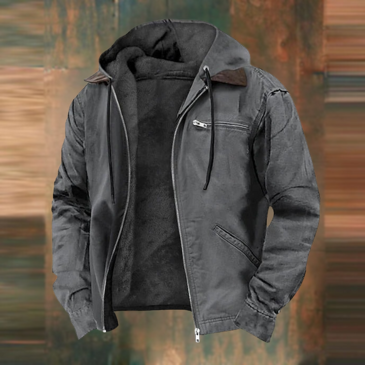 Veste zippée à capuche coloris gris, ouverte sur la doublure polaire sombre, avec poche zippée sur la poitrine et col marron. 4