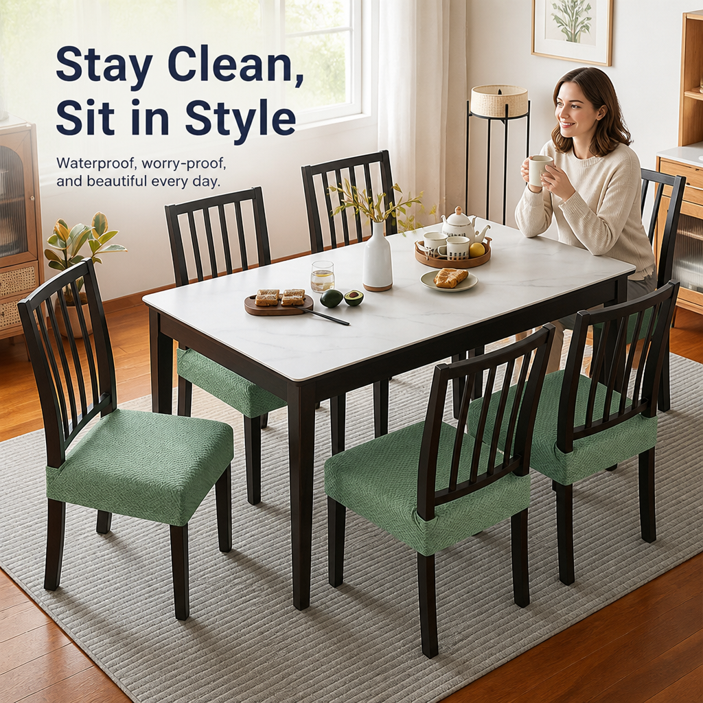 Femme souriante tenant une tasse Ă  une table en marbre blanc, chaises noires Ă  barreaux habillĂ©es de housses d'assise vertes. 2