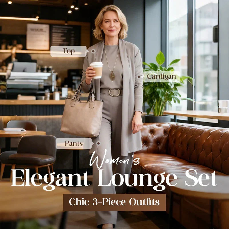 Femme en ensemble taupe clair marchant dans un café, avec des étiquettes indiquant le haut, le cardigan et le pantalon. 1