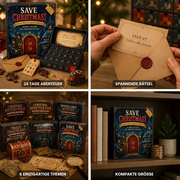 Quatre vues en une : coffret avec enveloppe cachetée et petit train, indice dans une main, six boîtes thématiques, calendrier sur une étagère. 2