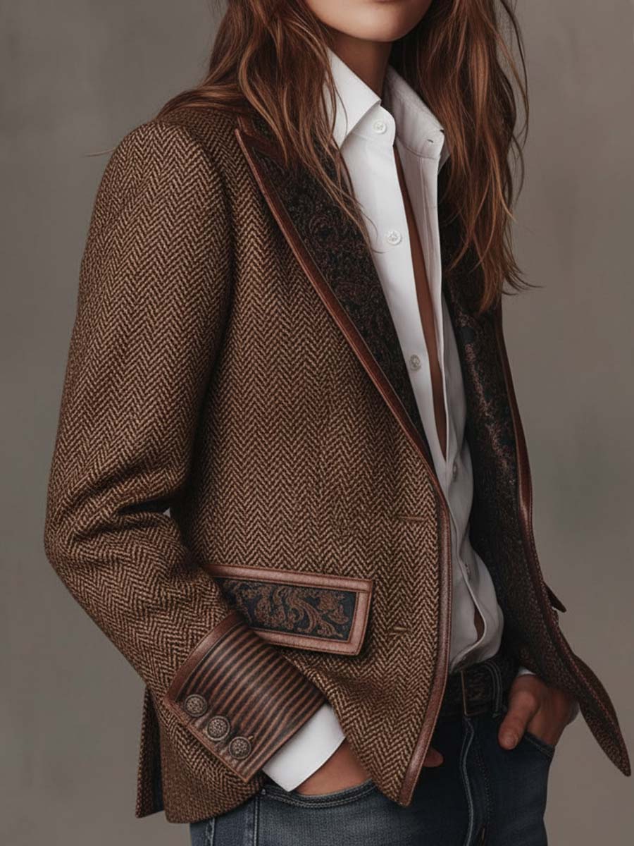 Vue de profil du blazer, doublure contrastante visible, poche à rabat et manchette à boutons 9