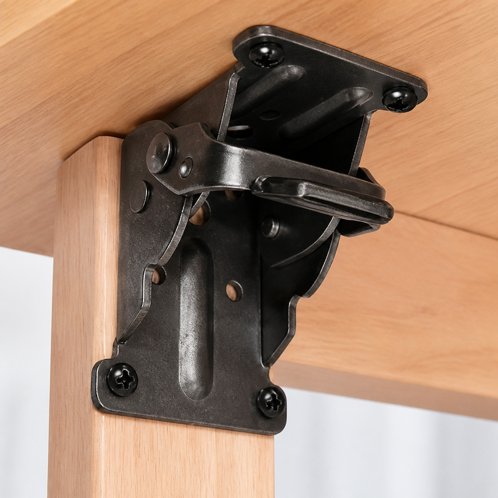 Gros plan sur un support noir fixé entre un pied et le dessous d'un plateau en bois clair. 2