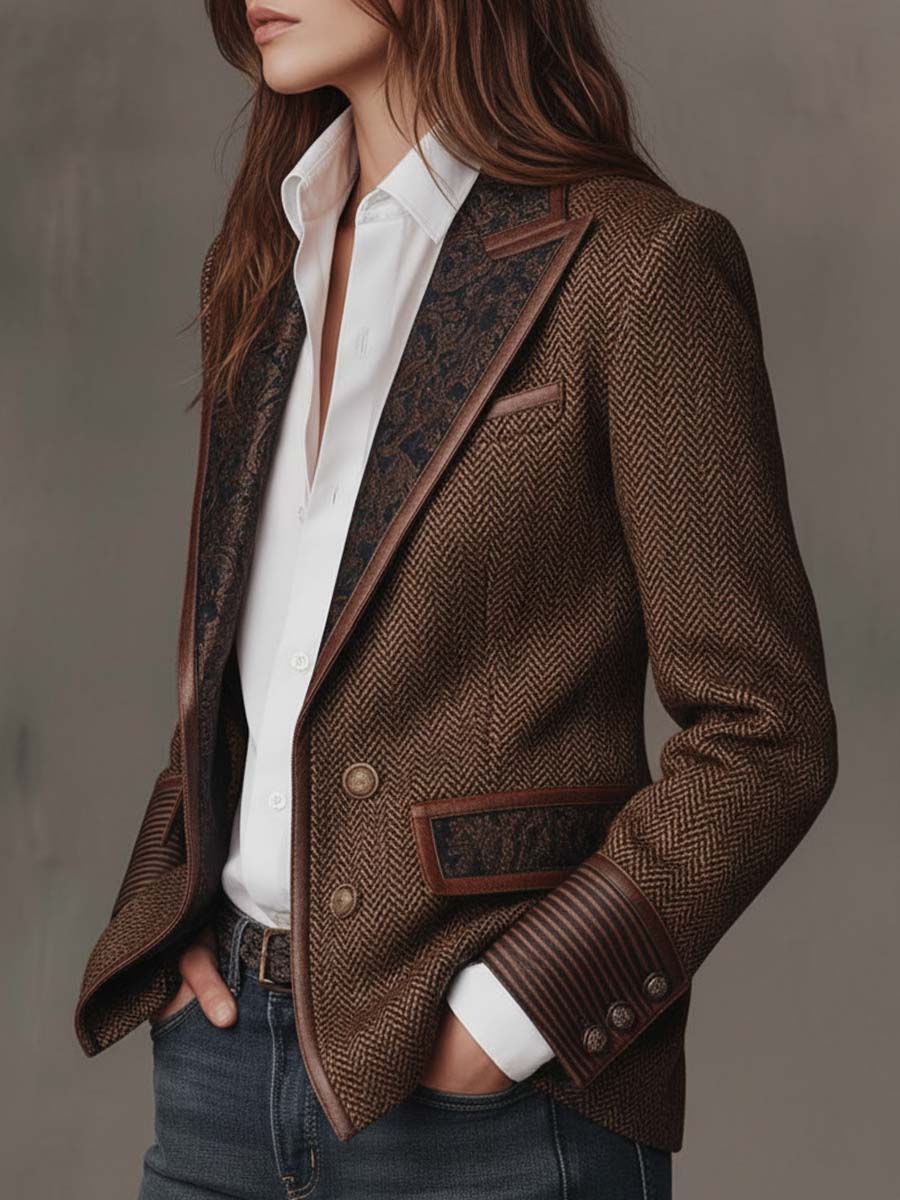 Blazer vu de côté, revers à motif, boutons métalliques et manchette rayée, mains dans les poches 10