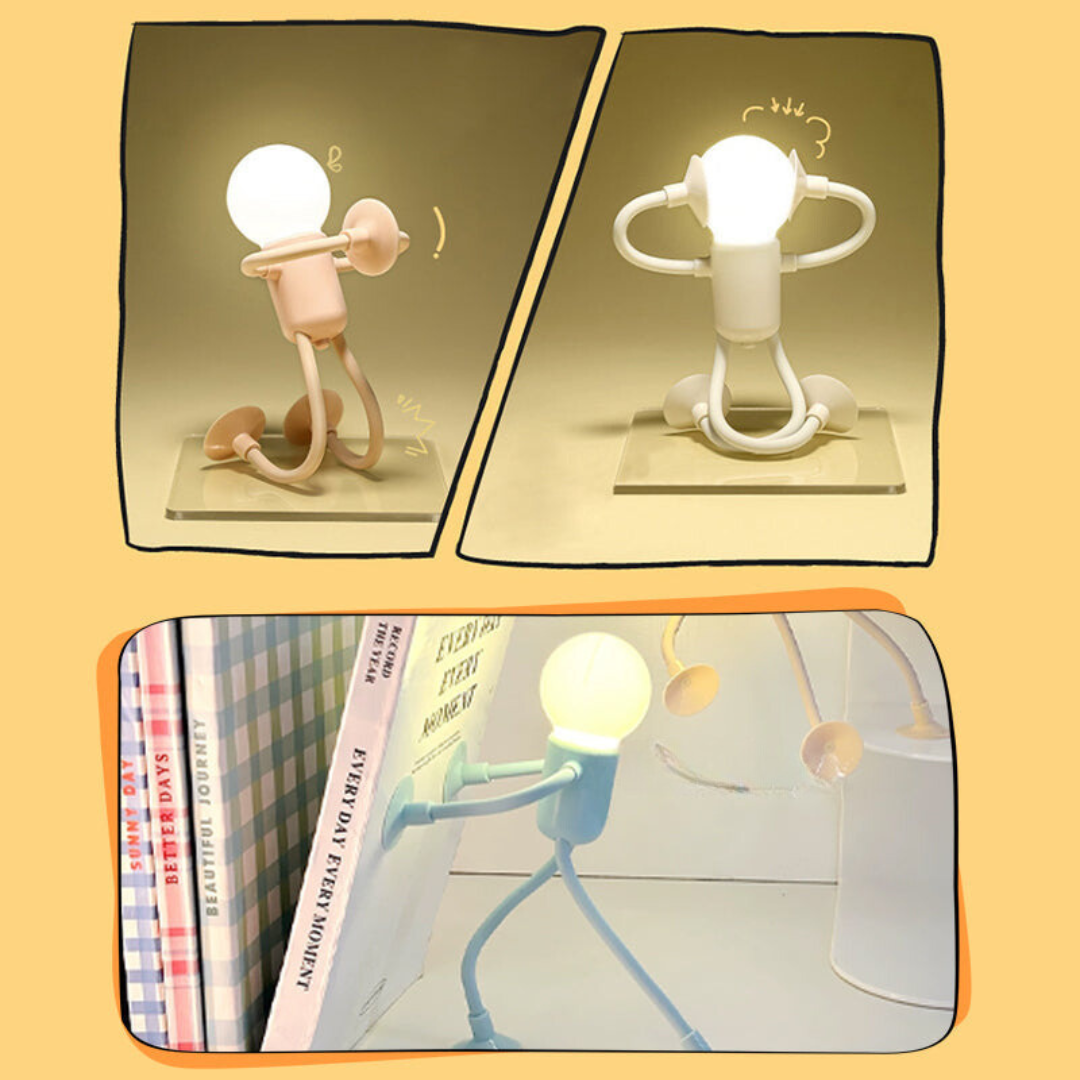 Trois mises en scène de veilleuses allumées : rose et blanche sur socle transparent, bleue poussant des livres. 11