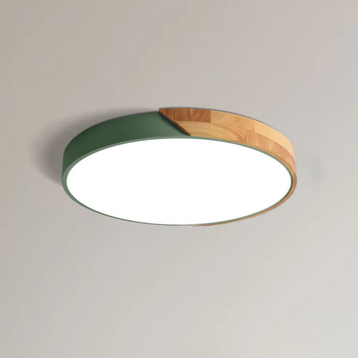 Plafonnier à coque verte et bois clair, vu de dessous sur fond uni, diffuseur allumé 13