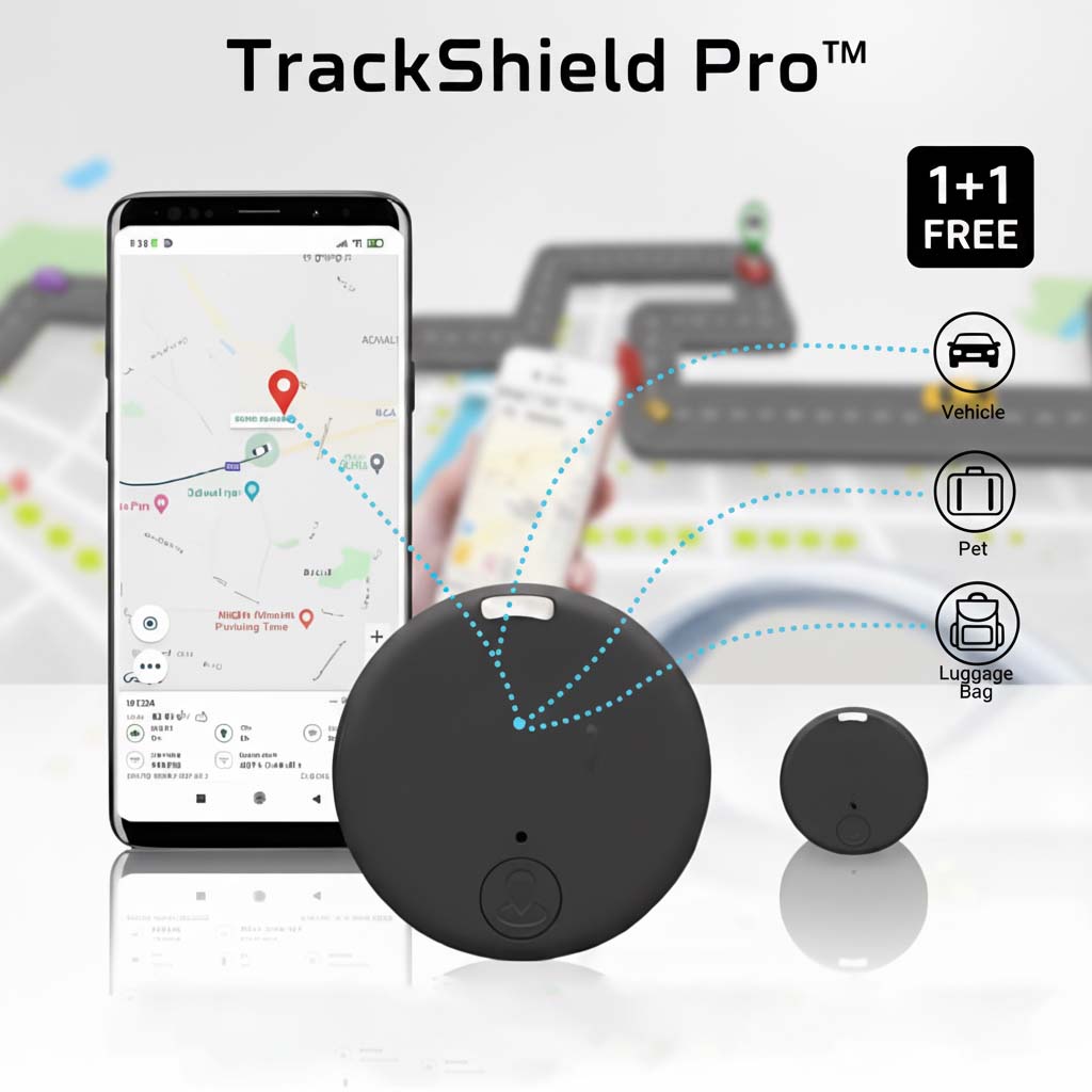 Traceur rond noir en gros plan devant un smartphone affichant une carte, avec un second traceur plus petit et des icônes véhicule, animal et bagage. 1