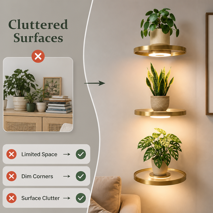 Comparaison entre une commode encombrée de plantes et de livres et trois étagères lumineuses dorées qui libèrent de la place au mur. 2